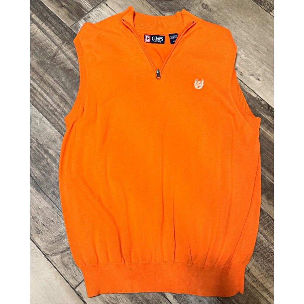 Chaps Mens Orange Quarter Zip Sweater Vest Cotton Knit Preppy Grandpacore Golf L